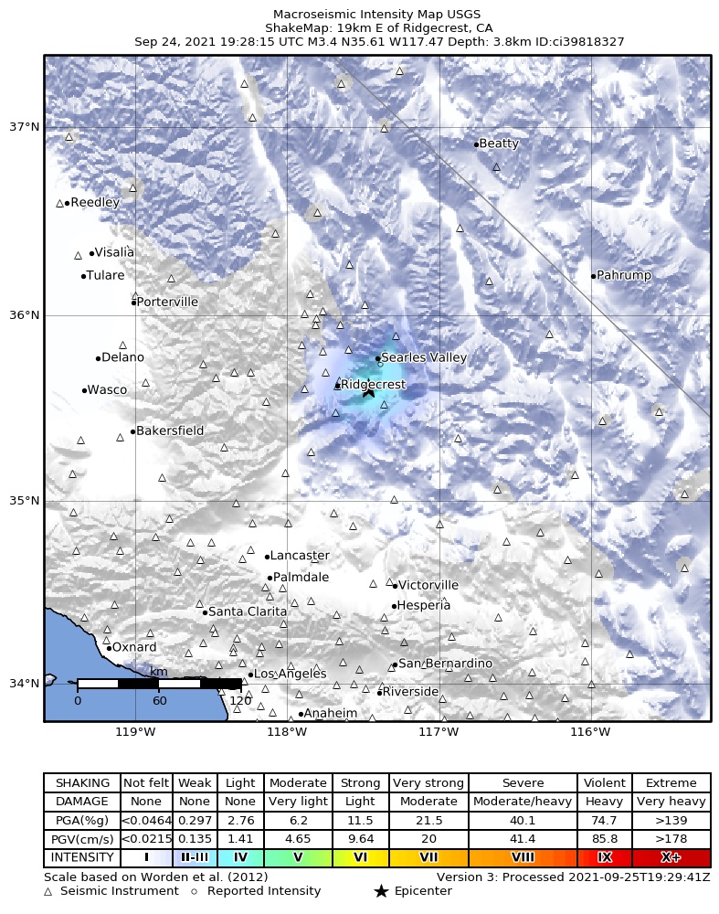 USGS ShakeMap intensity contours for the M3.4 earthquake near 19km E of Ridgecrest, CA