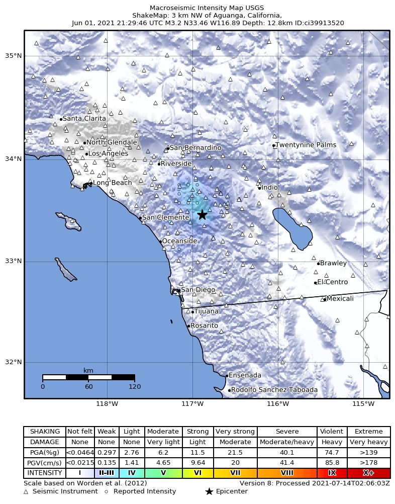 USGS ShakeMap intensity contours for the M3.2 earthquake near 3km NW of Aguanga, CA