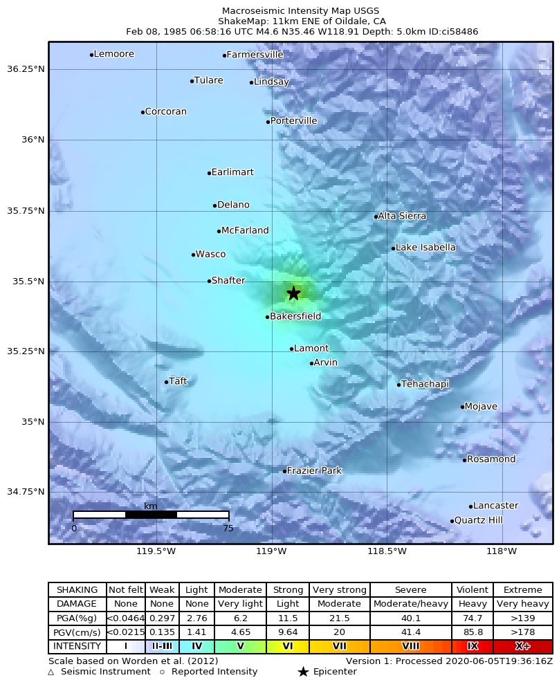 USGS ShakeMap: estimated shaking intensity around the epicenter