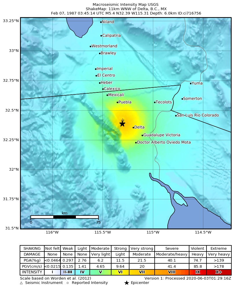 USGS ShakeMap: estimated shaking intensity around the epicenter