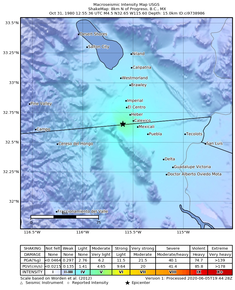 USGS ShakeMap: estimated shaking intensity around the epicenter
