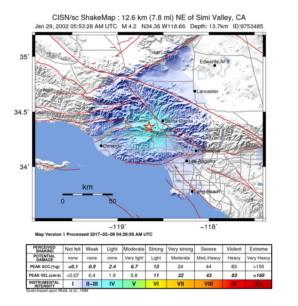 USGS ShakeMap: estimated shaking intensity around the epicenter
