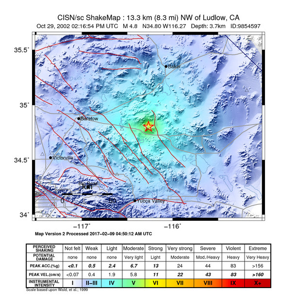 USGS ShakeMap: estimated shaking intensity around the epicenter