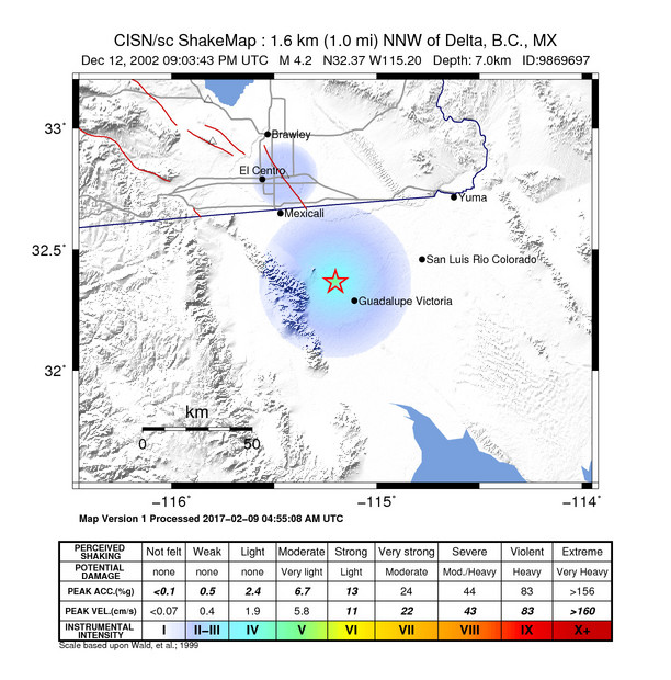 USGS ShakeMap: estimated shaking intensity around the epicenter