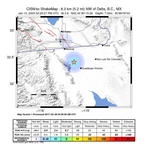 USGS ShakeMap: estimated shaking intensity around the epicenter