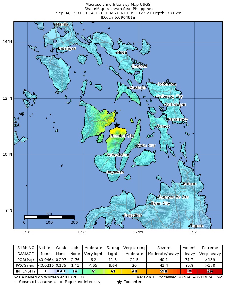 USGS ShakeMap: estimated shaking intensity around the epicenter