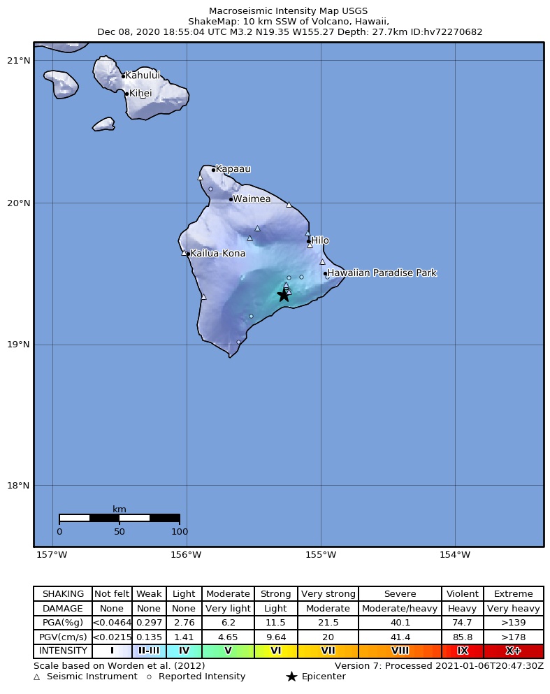 USGS ShakeMap intensity contours for the M3.3 earthquake near 10 km SSW of Volcano, Hawaii