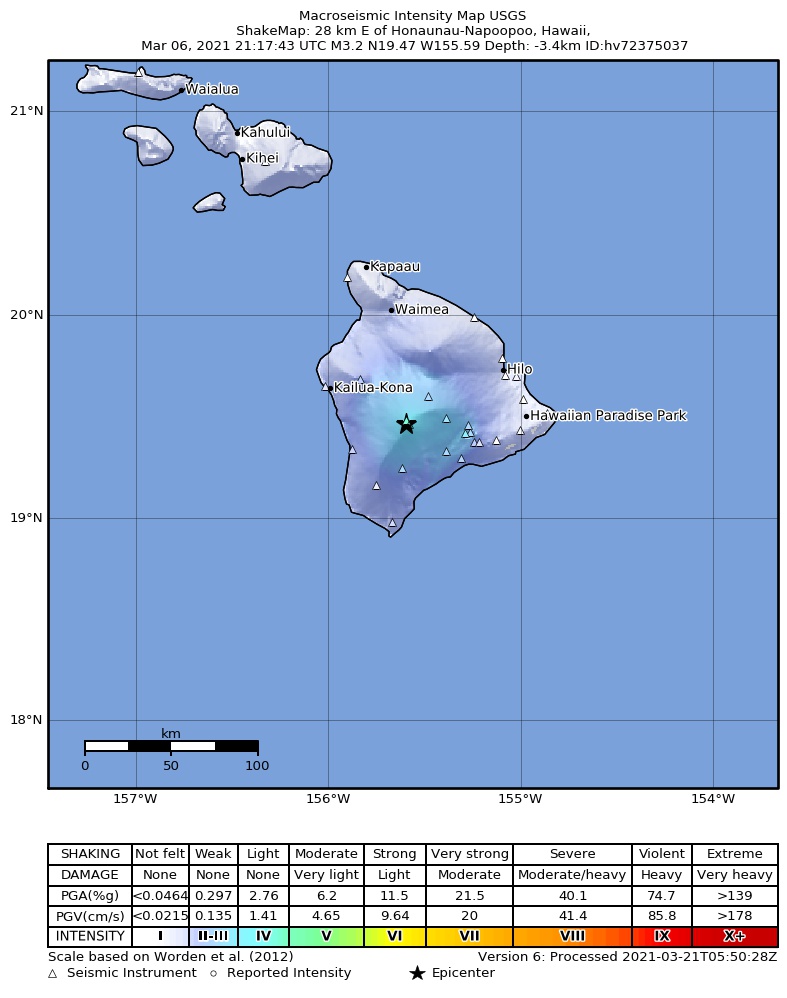 USGS ShakeMap intensity contours for the M3.2 earthquake near 28 km E of Honaunau-Napoopoo, Hawaii