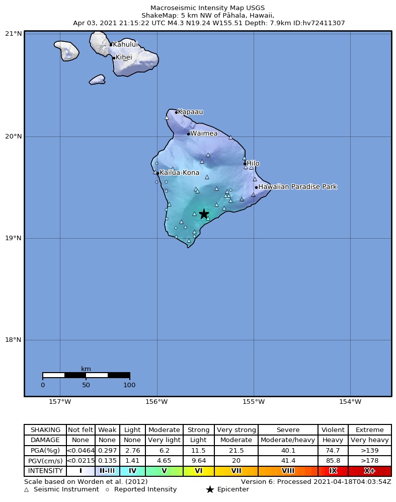 USGS ShakeMap intensity contours for the M4.3 earthquake near 5 km NW of P?hala, Hawaii