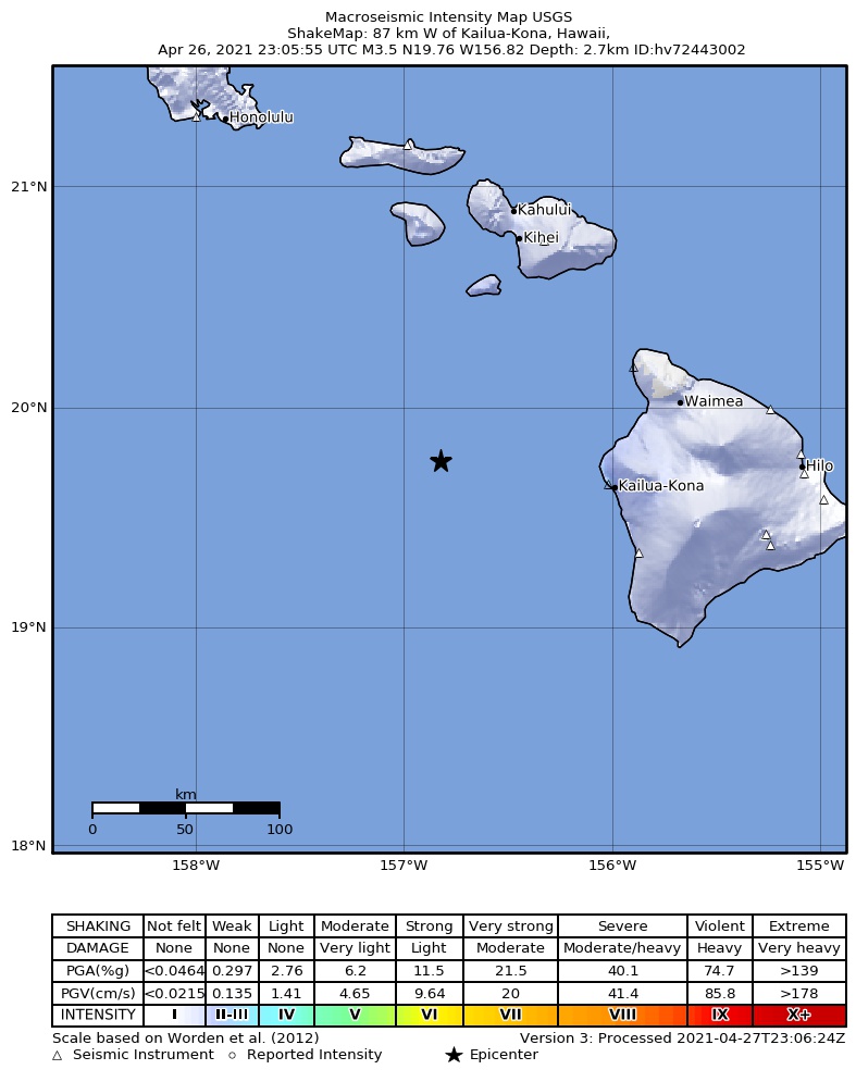 USGS ShakeMap intensity contours for the M3.5 earthquake near 87 km W of Kailua-Kona, Hawaii