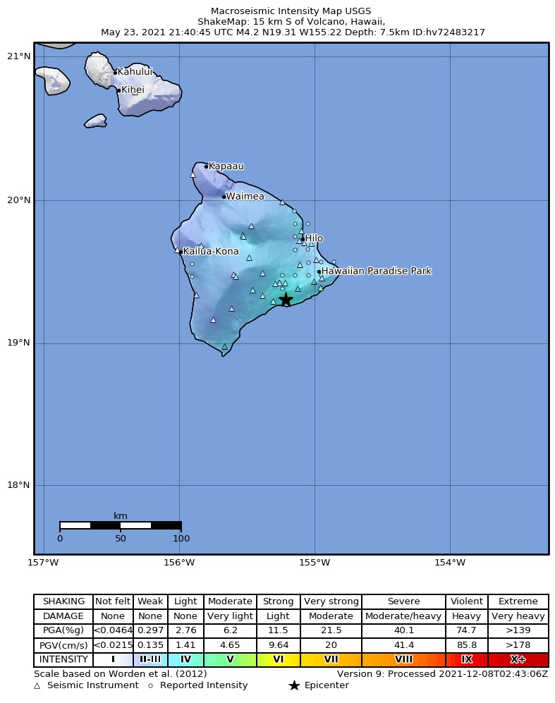 USGS ShakeMap intensity contours for the M4.2 earthquake near 15 km S of Volcano, Hawaii