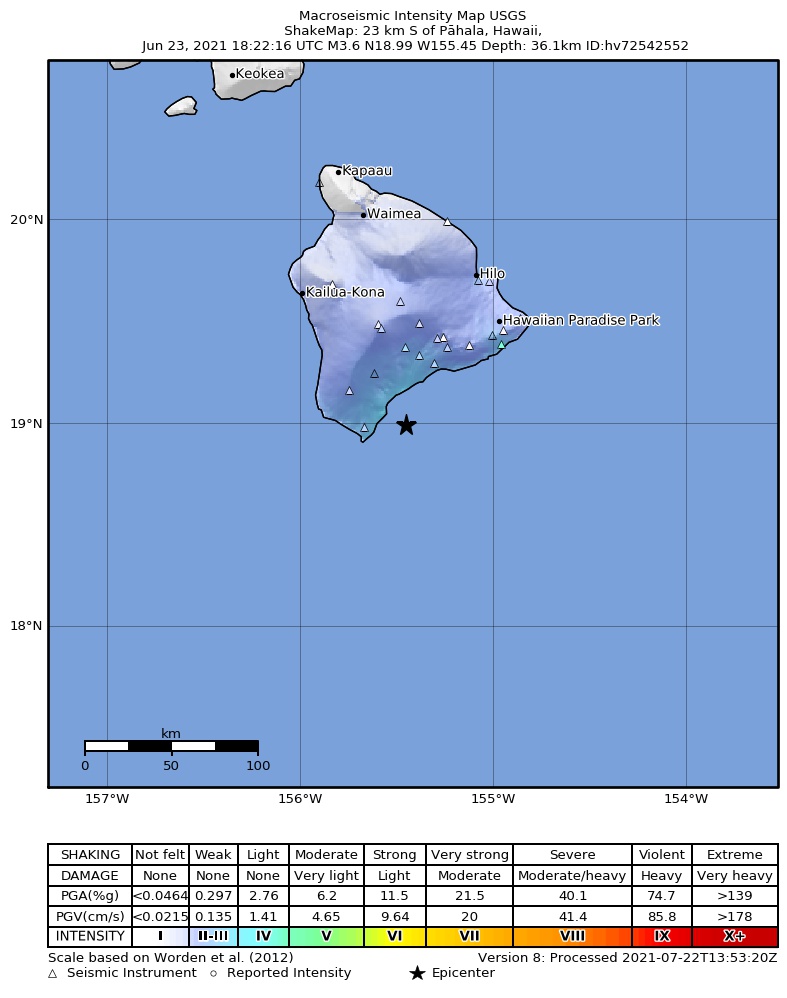USGS ShakeMap intensity contours for the M3.6 earthquake near 16 km ESE of Naalehu, Hawaii