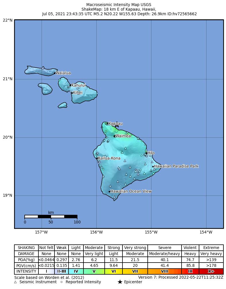 USGS ShakeMap intensity contours for the M5.2 earthquake near 12 km NNW of Kukuihaele, Hawaii