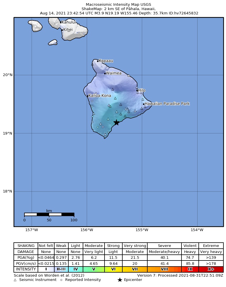 USGS ShakeMap intensity contours for the M3.9 earthquake near 2 km SE of P?hala, Hawaii