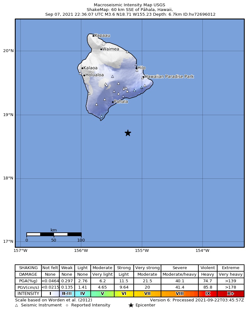 USGS ShakeMap intensity contours for the M3.6 earthquake near 53 km SE of Naalehu, Hawaii