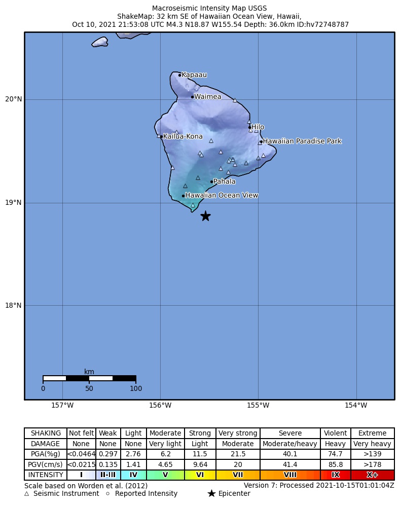 USGS ShakeMap intensity contours for the M4.3 earthquake near 22 km S of Naalehu, Hawaii