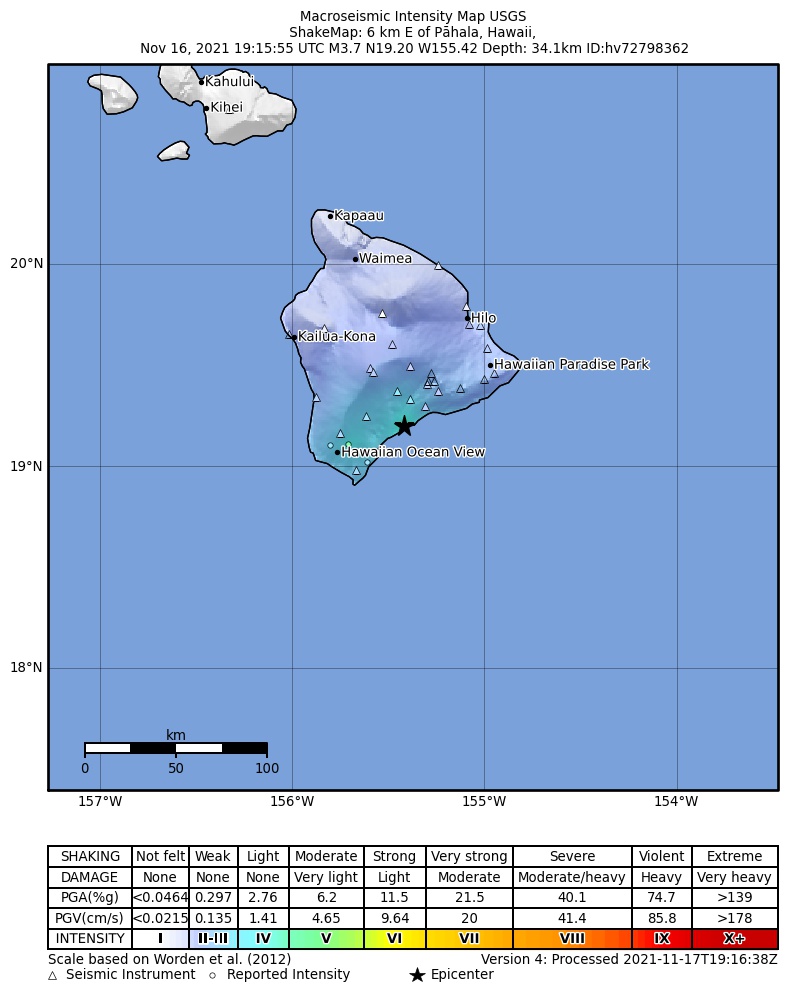 USGS ShakeMap intensity contours for the M3.7 earthquake near 6 km E of P?hala, Hawaii