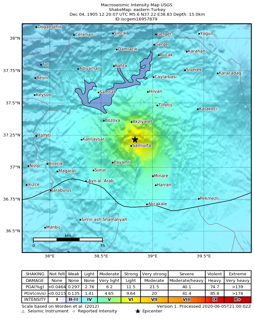 USGS ShakeMap: estimated shaking intensity around the epicenter