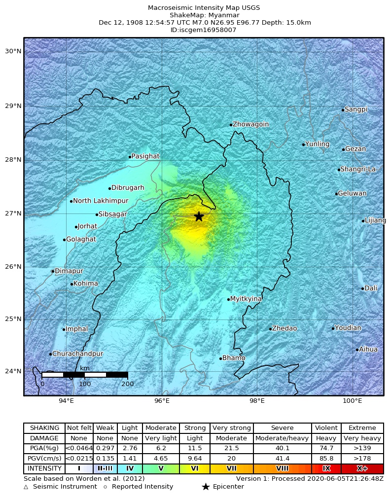 USGS ShakeMap: estimated shaking intensity around the epicenter