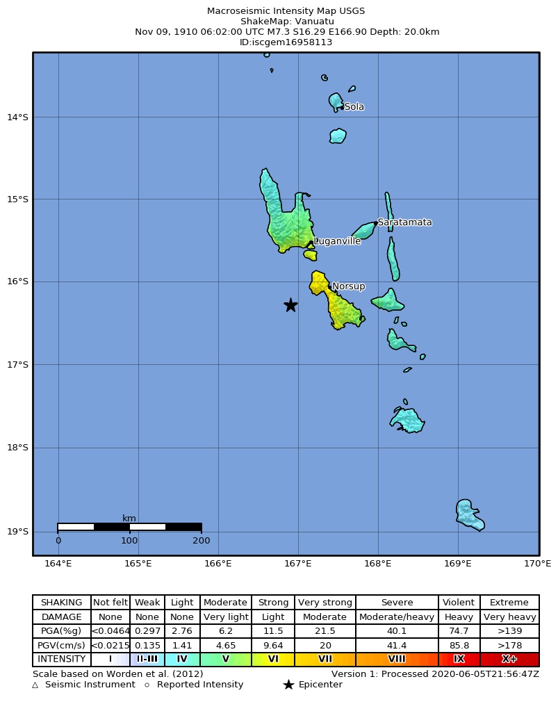 USGS ShakeMap: estimated shaking intensity around the epicenter