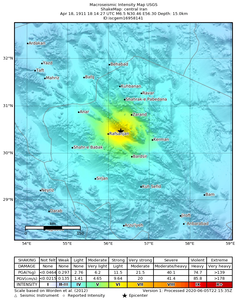 USGS ShakeMap: estimated shaking intensity around the epicenter