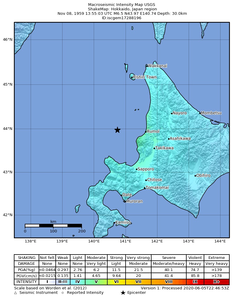 USGS ShakeMap: estimated shaking intensity around the epicenter