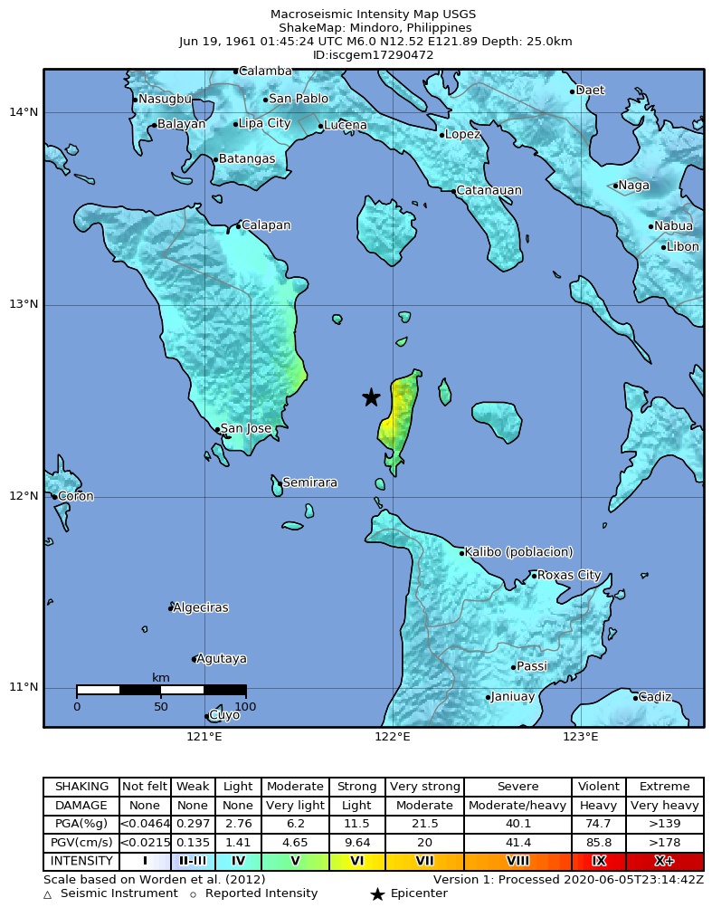 USGS ShakeMap: estimated shaking intensity around the epicenter