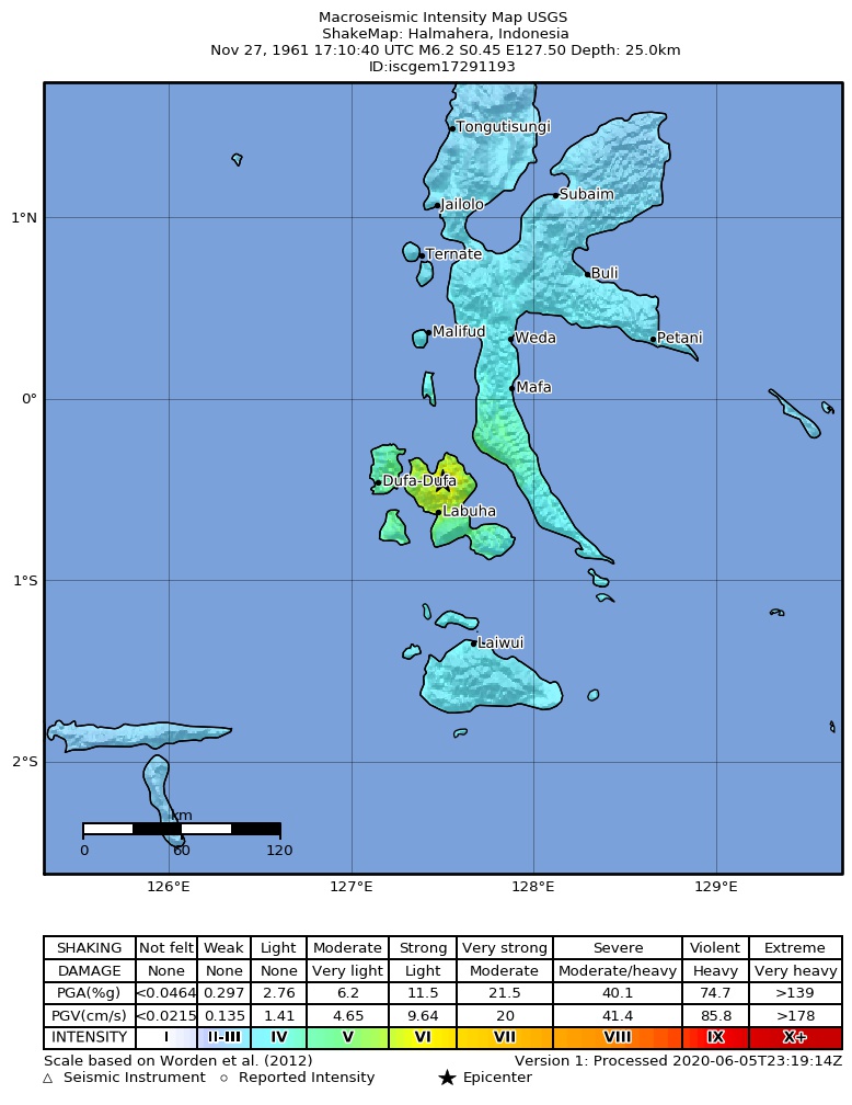USGS ShakeMap: estimated shaking intensity around the epicenter