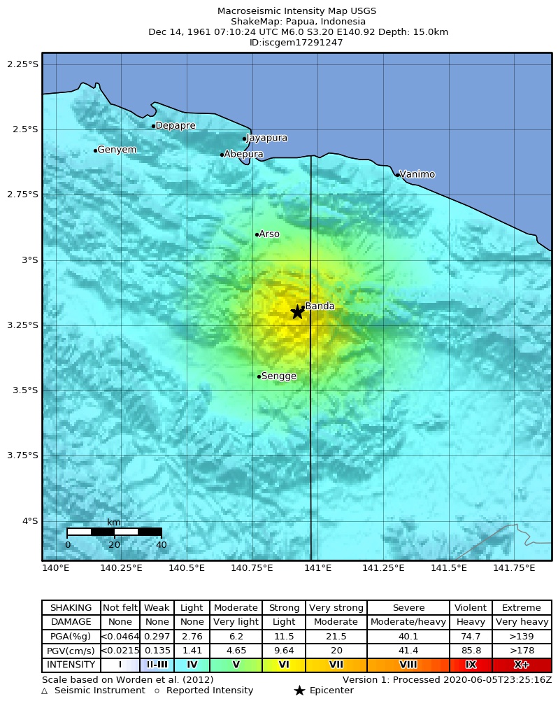USGS ShakeMap: estimated shaking intensity around the epicenter