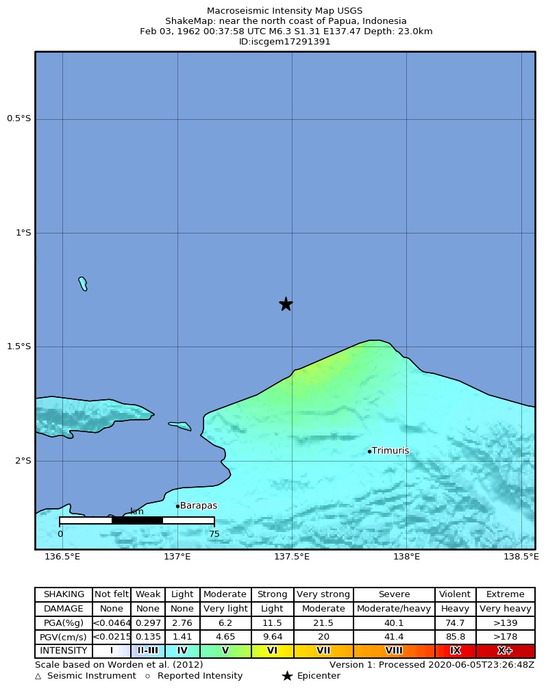 USGS ShakeMap: estimated shaking intensity around the epicenter