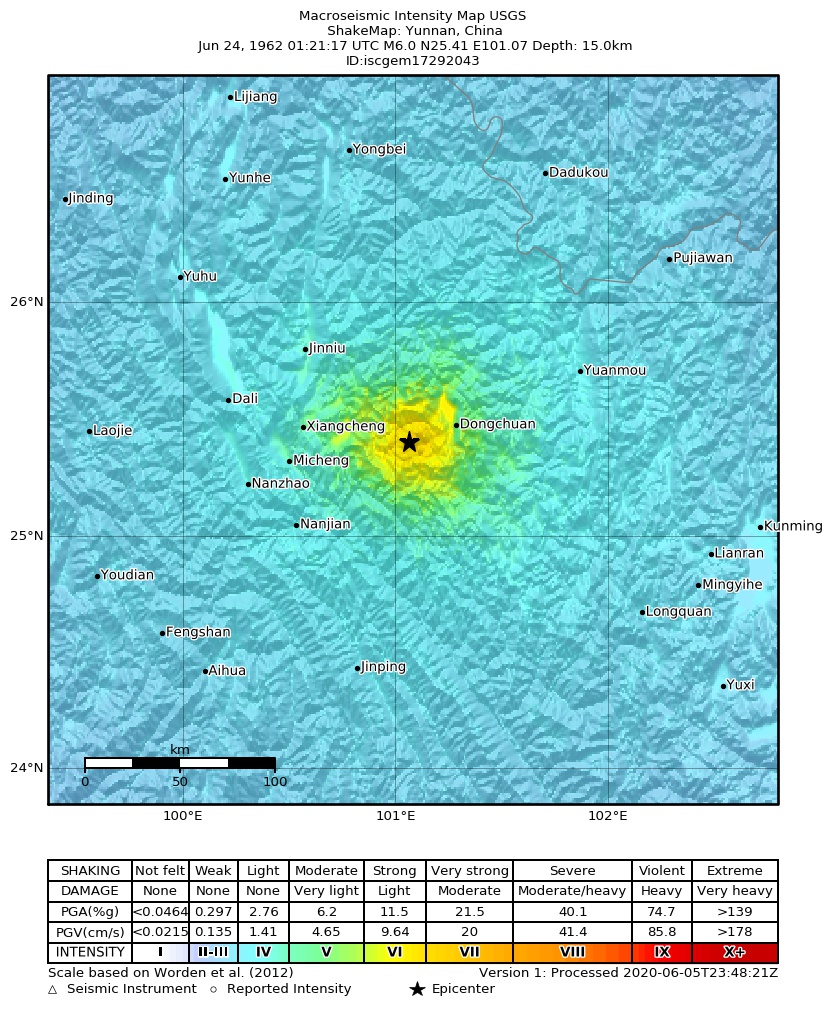 USGS ShakeMap: estimated shaking intensity around the epicenter