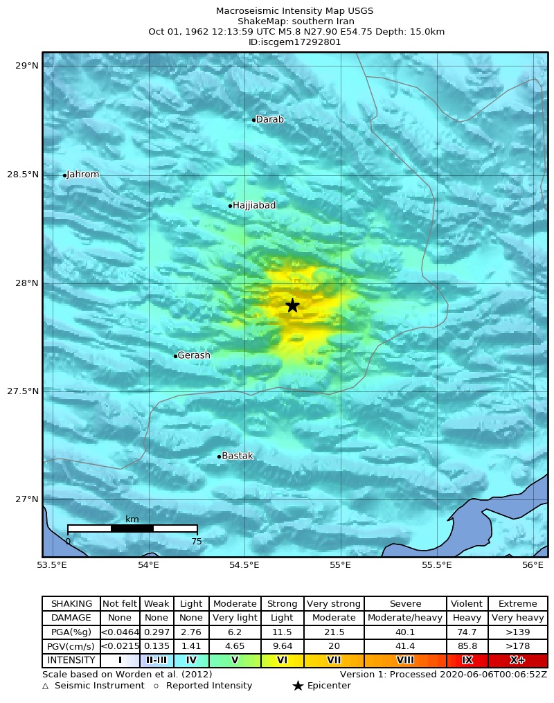 USGS ShakeMap: estimated shaking intensity around the epicenter