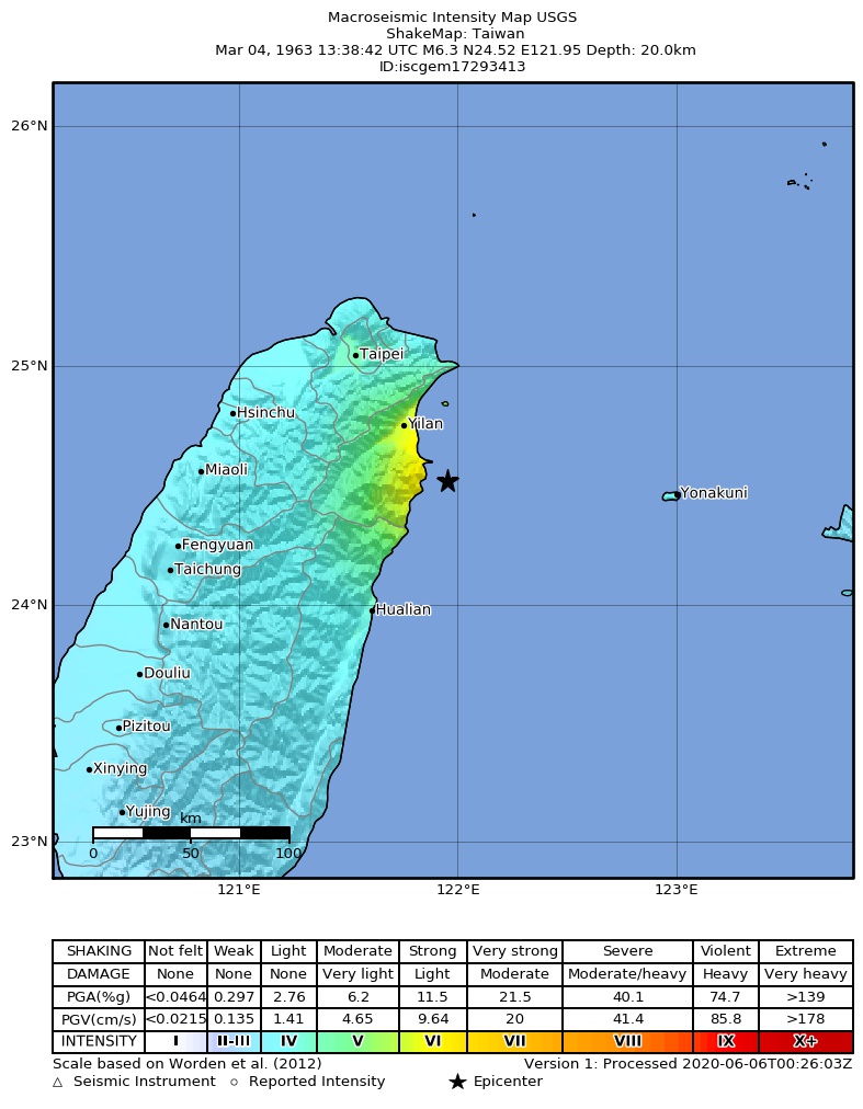USGS ShakeMap: estimated shaking intensity around the epicenter