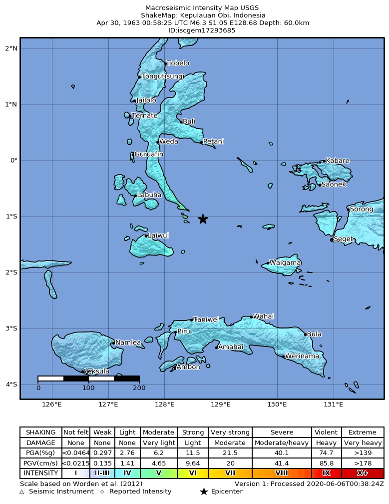 USGS ShakeMap: estimated shaking intensity around the epicenter