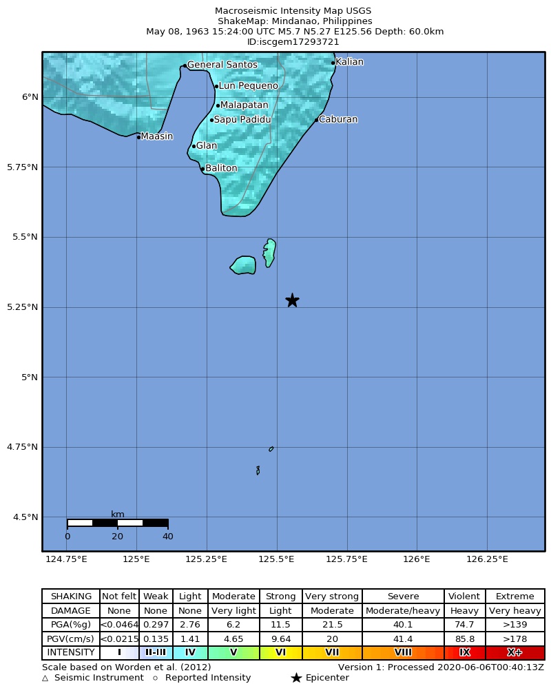 USGS ShakeMap: estimated shaking intensity around the epicenter