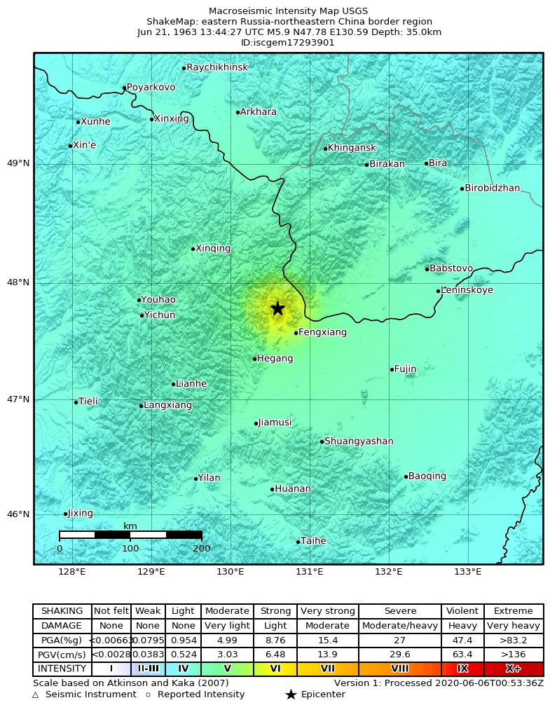 USGS ShakeMap: estimated shaking intensity around the epicenter