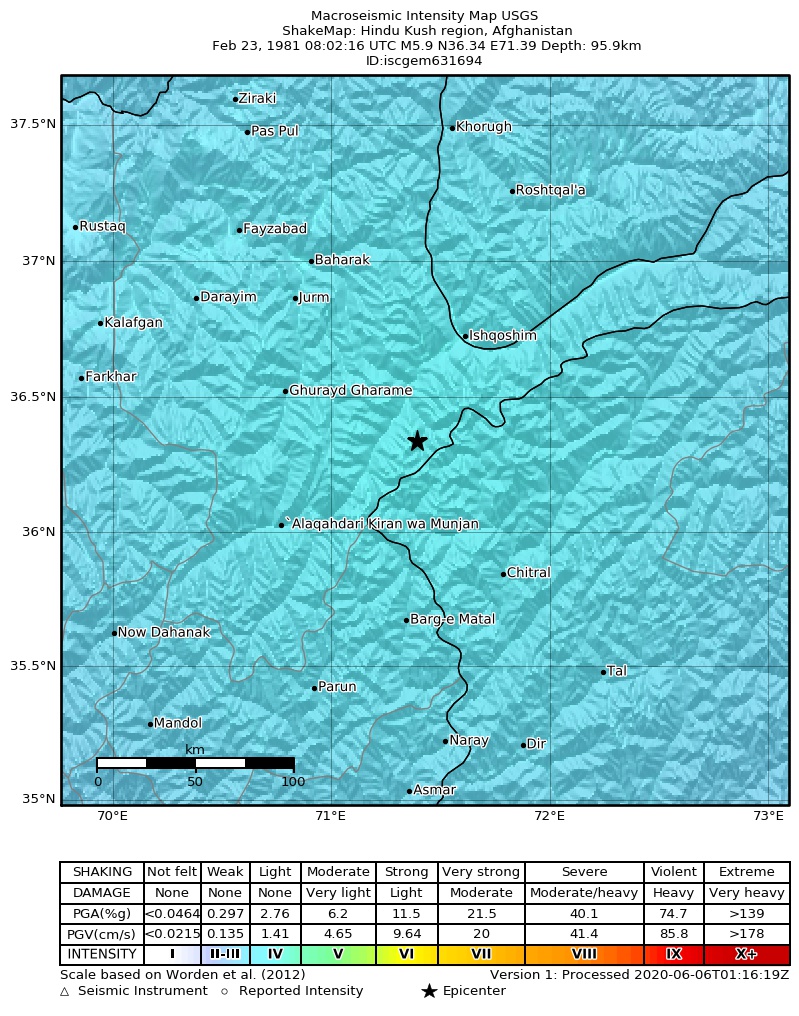 USGS ShakeMap: estimated shaking intensity around the epicenter