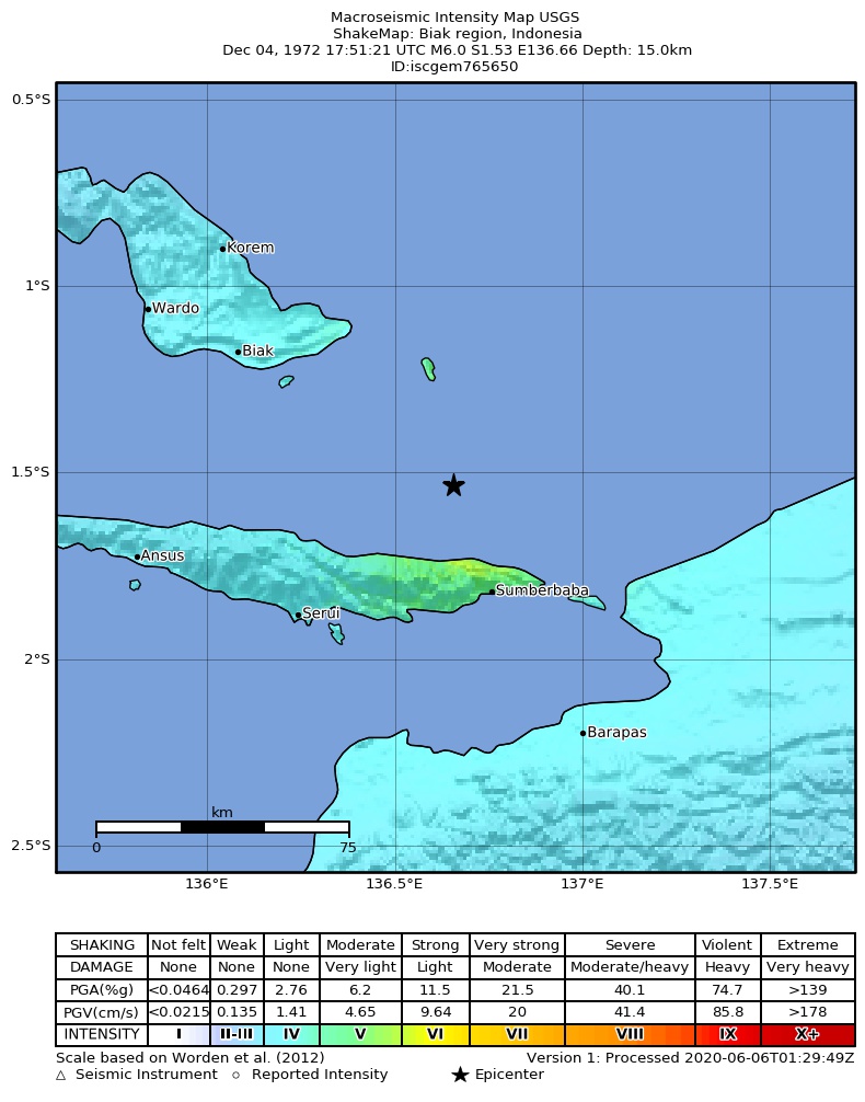 USGS ShakeMap: estimated shaking intensity around the epicenter