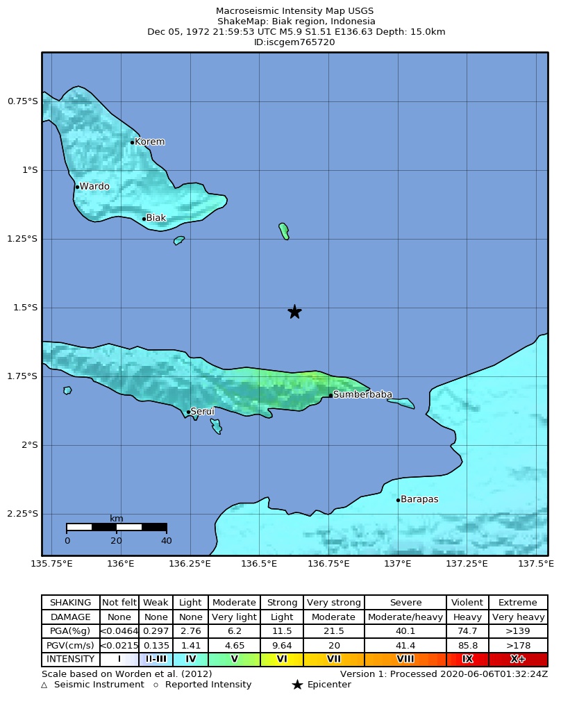 USGS ShakeMap: estimated shaking intensity around the epicenter