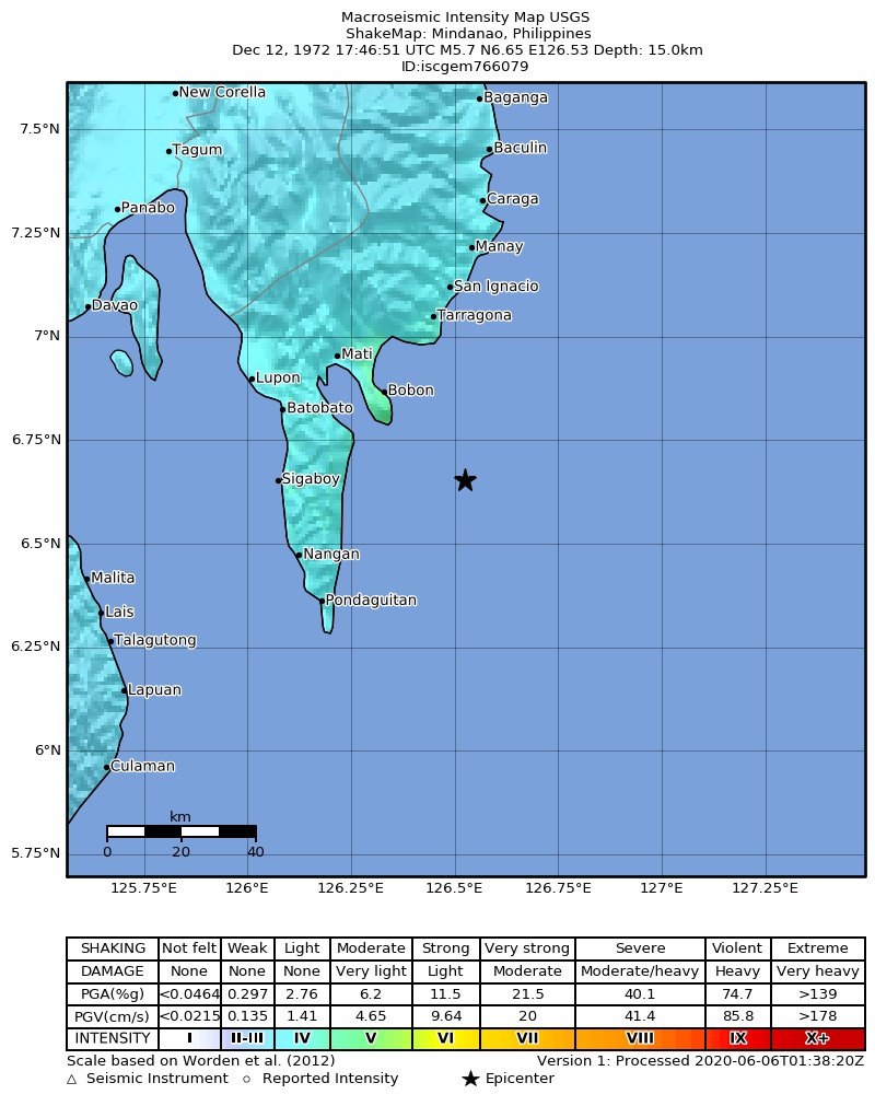 USGS ShakeMap: estimated shaking intensity around the epicenter