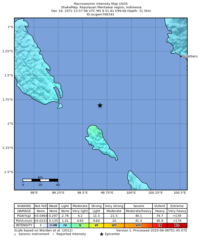 USGS ShakeMap: estimated shaking intensity around the epicenter