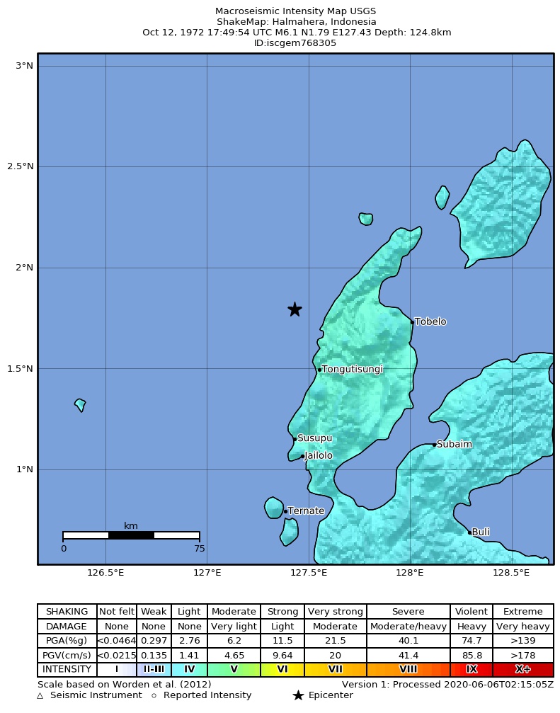 USGS ShakeMap: estimated shaking intensity around the epicenter