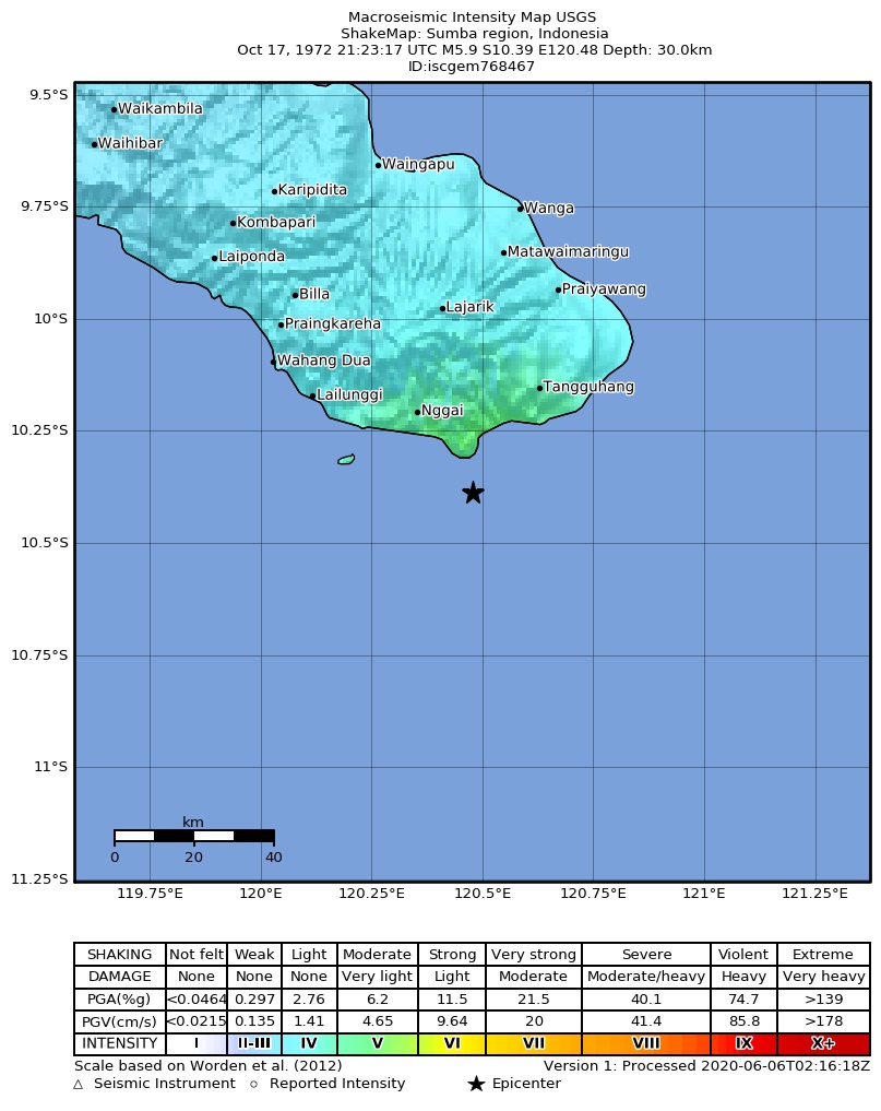 USGS ShakeMap: estimated shaking intensity around the epicenter