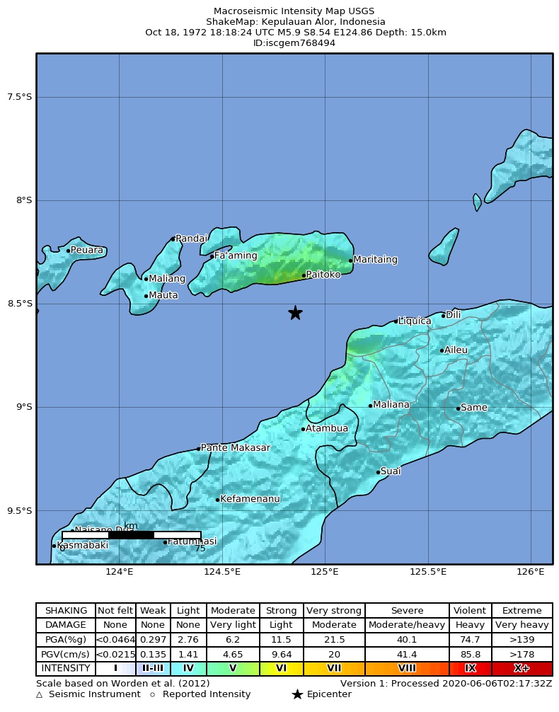 USGS ShakeMap: estimated shaking intensity around the epicenter