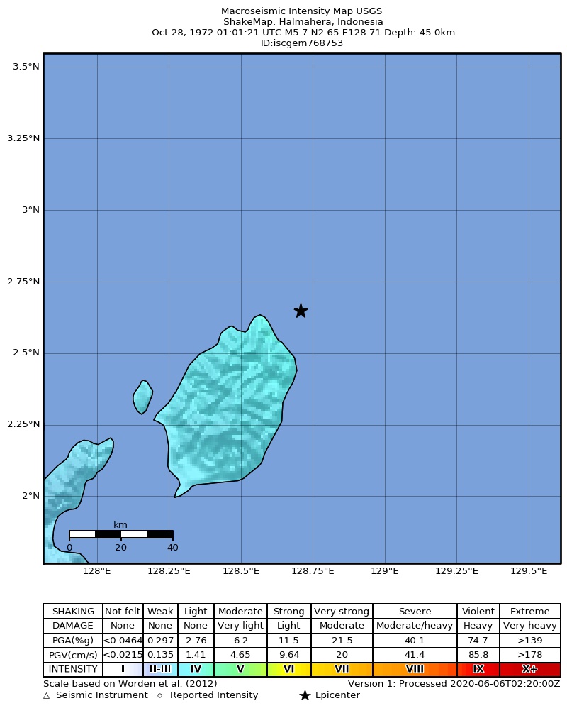 USGS ShakeMap: estimated shaking intensity around the epicenter