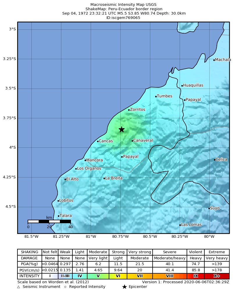 USGS ShakeMap: estimated shaking intensity around the epicenter