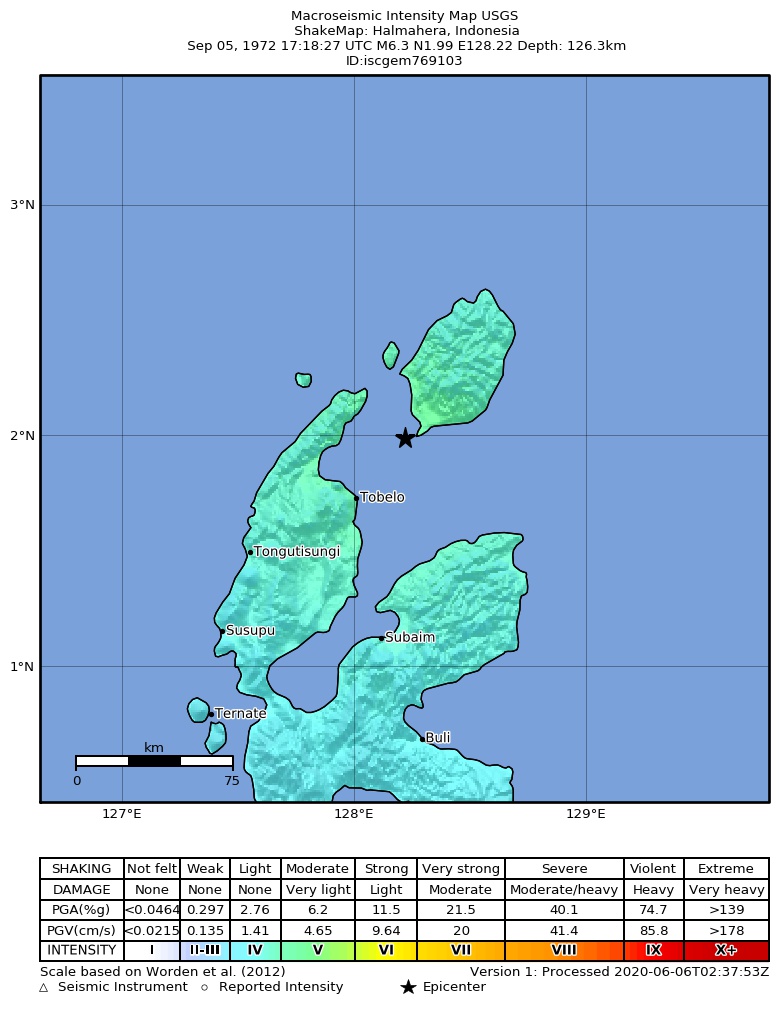 USGS ShakeMap: estimated shaking intensity around the epicenter
