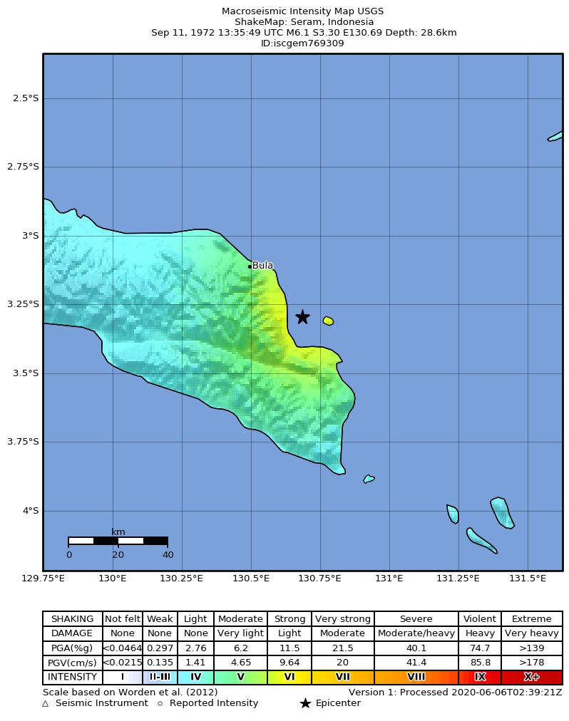 USGS ShakeMap: estimated shaking intensity around the epicenter