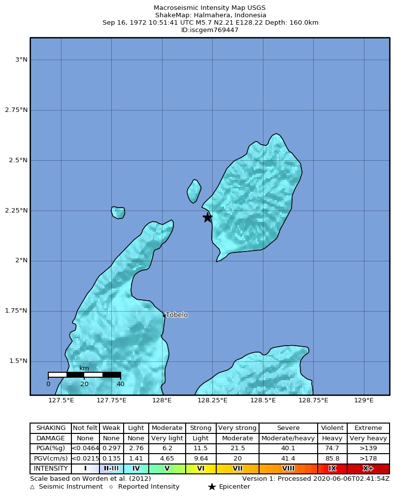 USGS ShakeMap: estimated shaking intensity around the epicenter
