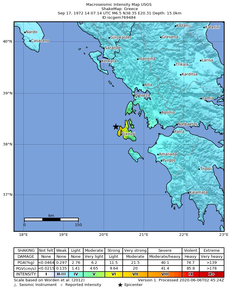 USGS ShakeMap: estimated shaking intensity around the epicenter